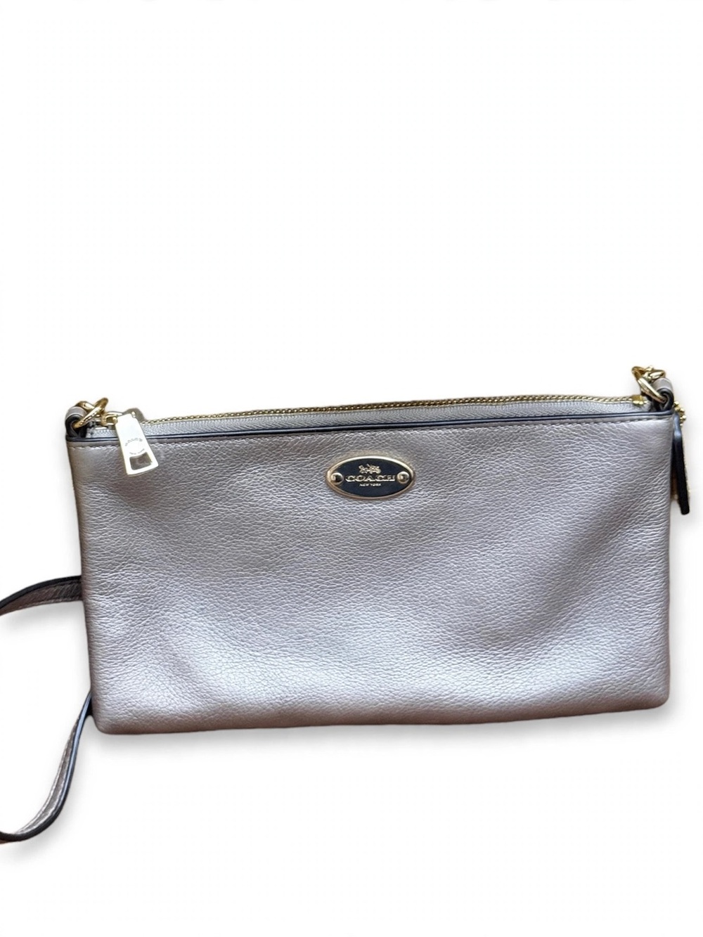 Authentic Coach Metallic Silver Leather Wristlet Clutch